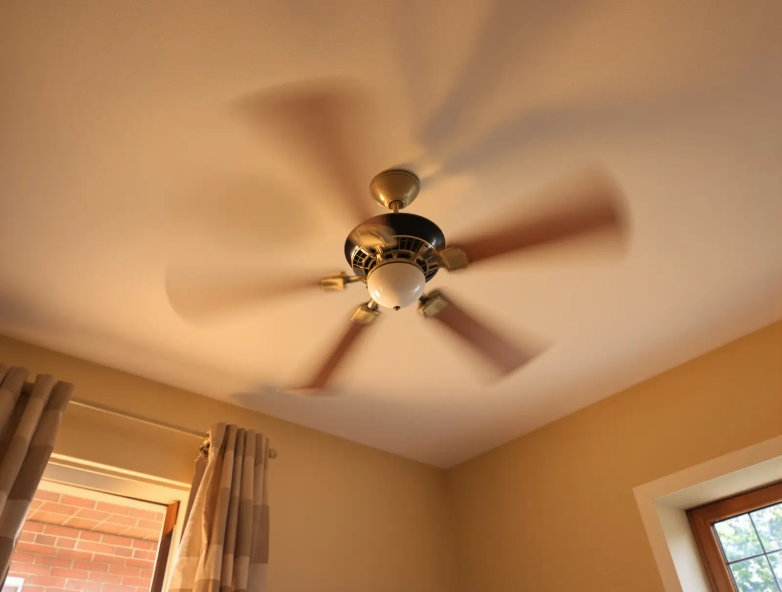 Ceiling fan spinning in a warm room as the homeowner tries to cool down